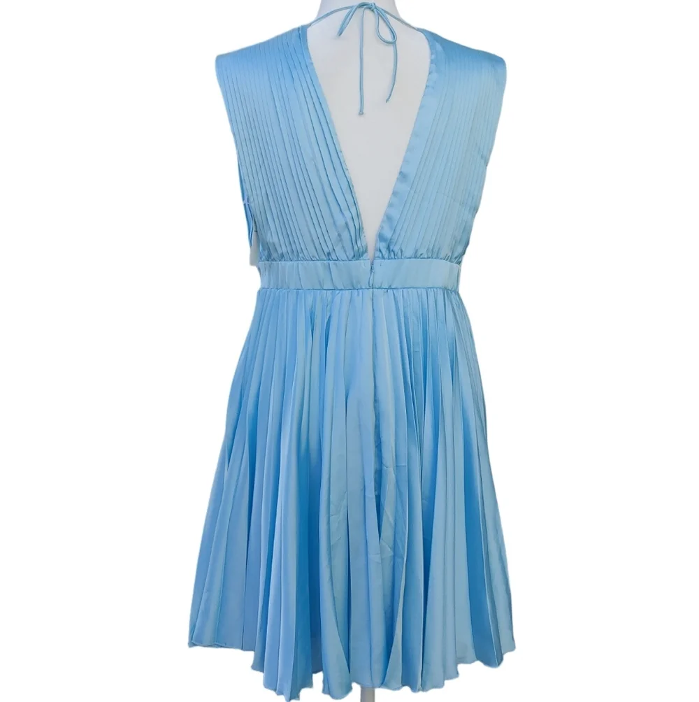 Abercrombie & Fitch Plunge Satin Pleated Formal Dress Sky Blue Women's Large NWT - Picture 5 of 17